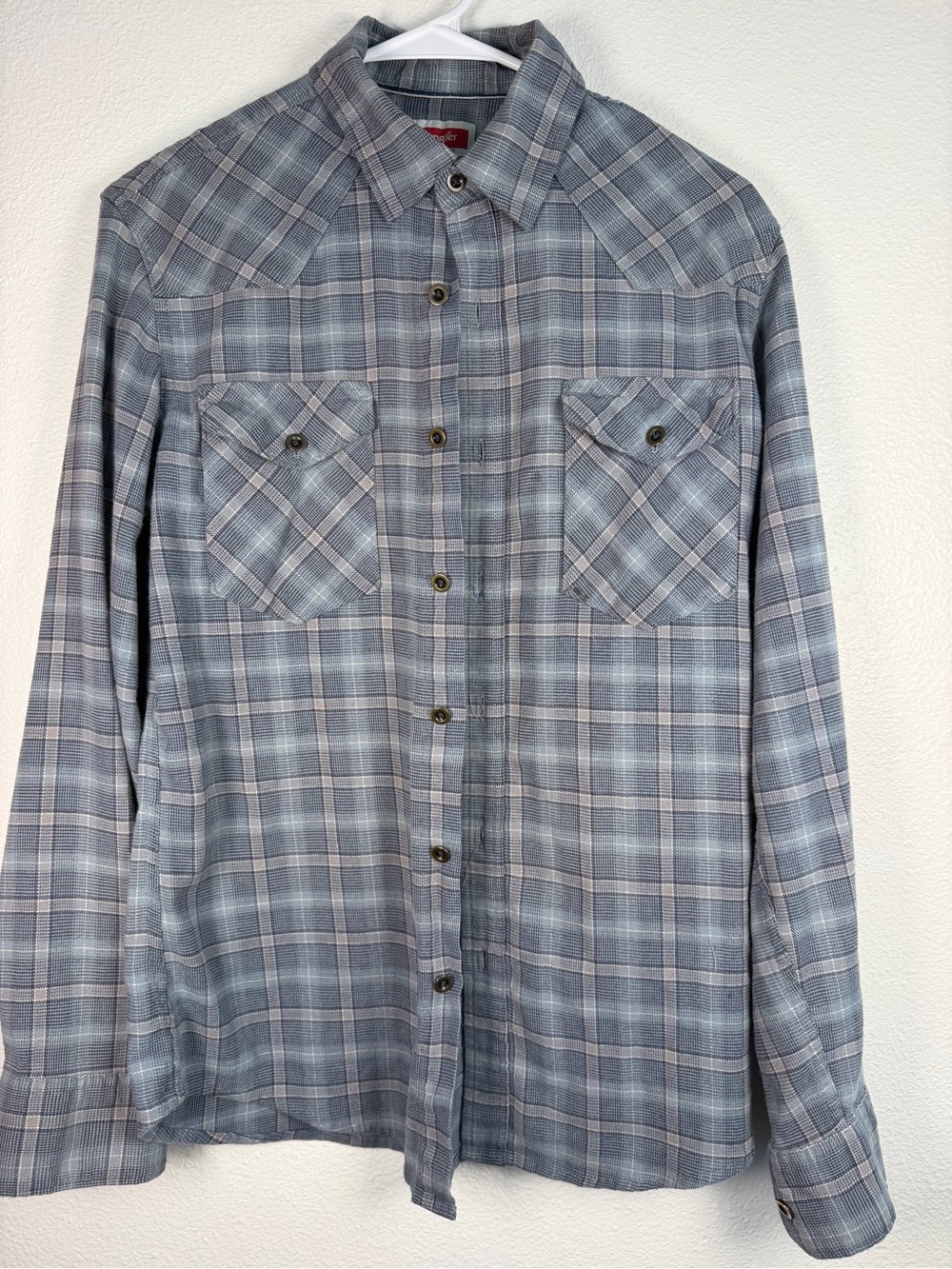 Wrangler Blue Gray Plaid Casual Button-Down Shirt